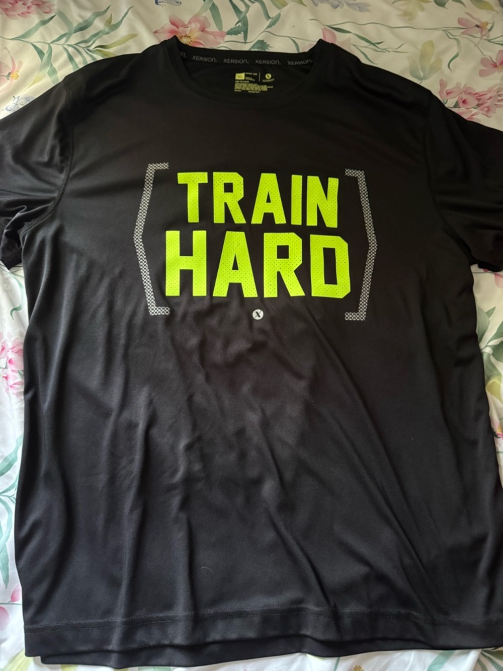 Xersion Black Short-Sleeve Performance Tee with Neon Yellow 'TRAIN HARD' Graphic